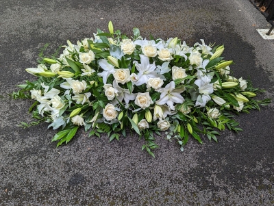 Traditional Casket Spray   Lily and Rose White